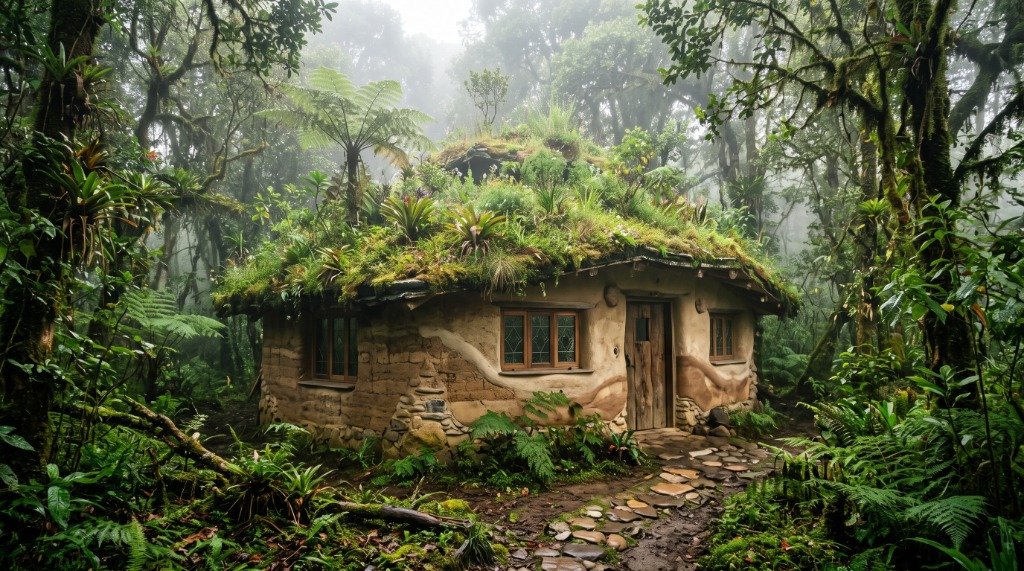 Cabaña con techo vivo integrada al bosque